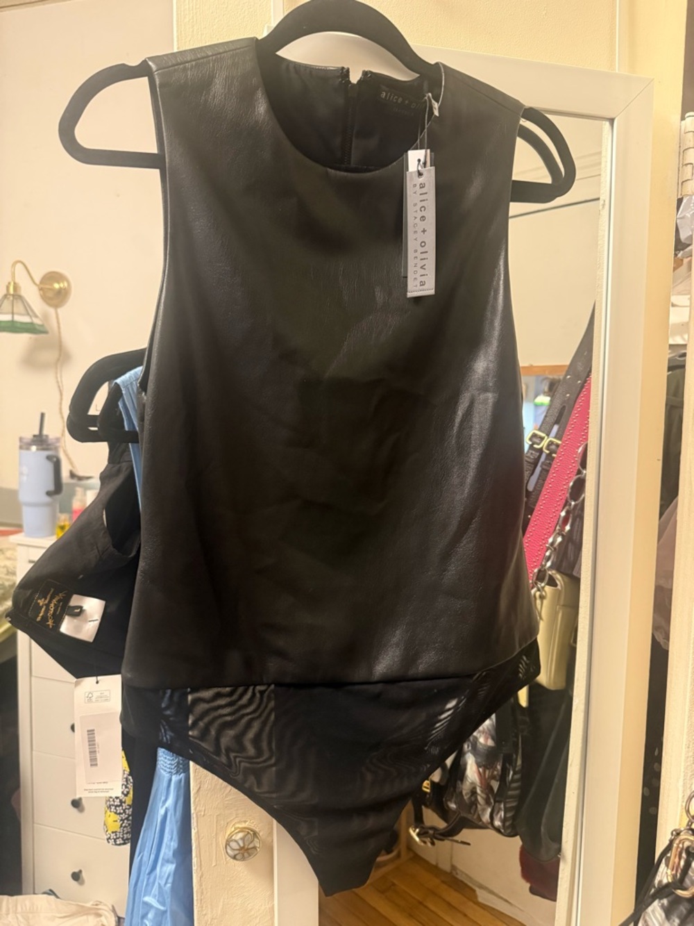 Alice + Olivia Black Faux Leather Sleeveless Bodysuit with Mesh Hem